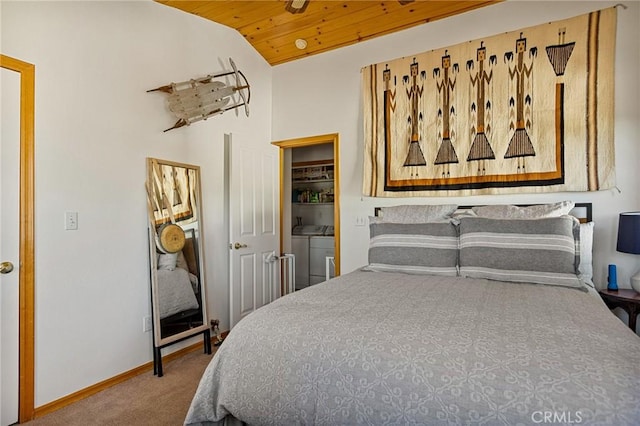32991 Canyon Dr, Green Valley Lake, CA 92341 - bedroom featuring wood ceiling, washing machine and clothes dryer, baseboards, vaulted ceiling, and carpet
