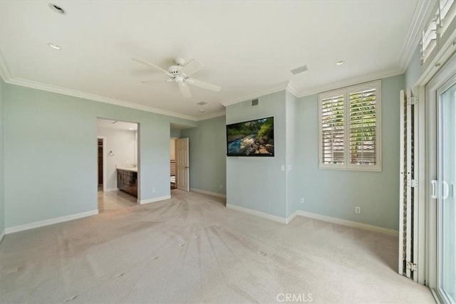 1616 Cormorant Dr, Carlsbad, CA 92011 - unfurnished bedroom with ornamental molding, carpet floors, baseboards, ensuite bathroom, and a ceiling fan