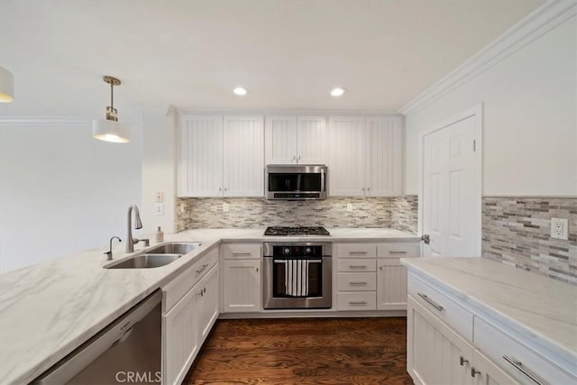 1616 Cormorant Dr, Carlsbad, CA 92011 - kitchen with stainless steel appliances, a sink, white cabinets, dark wood-style flooring, and tasteful backsplash