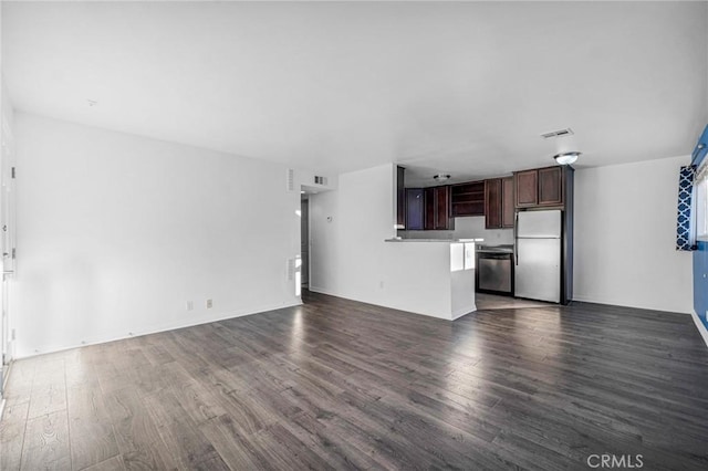 unfurnished living room featuring dark wood-style floors and visible vents