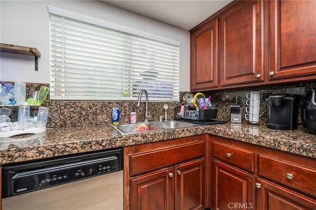6932 Sundown Dr, Jurupa Valley, CA 92509 - kitchen featuring a sink, reddish brown cabinets, dishwasher, and backsplash