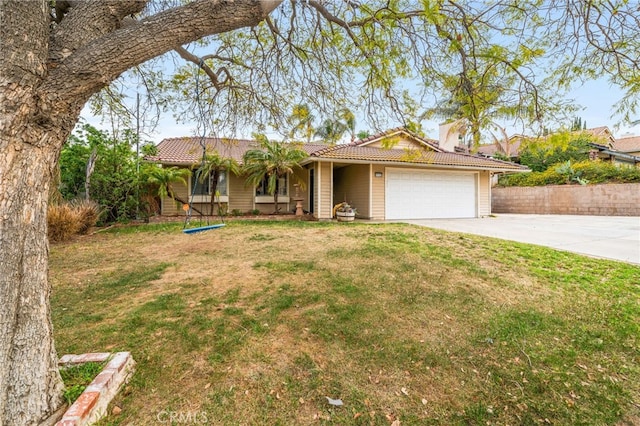 6932 Sundown Dr, Jurupa Valley, CA 92509 - single story home featuring concrete driveway, a tiled roof, an attached garage, fence, and a front lawn