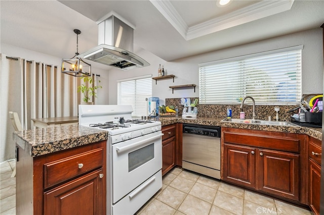 6932 Sundown Dr, Jurupa Valley, CA 92509 - kitchen featuring tile counters, white range with gas cooktop, dishwasher, a sink, and island exhaust hood