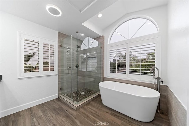 701 Black Oak Cir, Corona, CA 92881 - full bathroom featuring wood finished floors, recessed lighting, a freestanding bath, and a shower stall