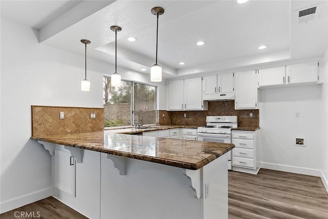 701 Black Oak Cir, Corona, CA 92881 - kitchen with a raised ceiling, a peninsula, under cabinet range hood, visible vents, and white range with gas cooktop