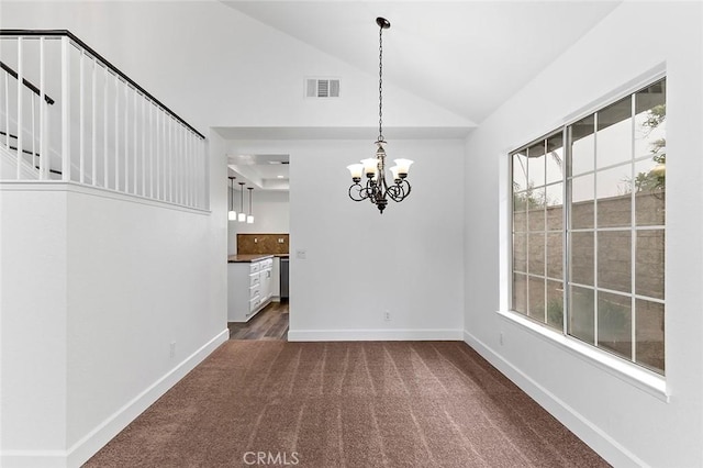 701 Black Oak Cir, Corona, CA 92881 - unfurnished dining area featuring an inviting chandelier, carpet floors, baseboards, lofted ceiling, and visible vents