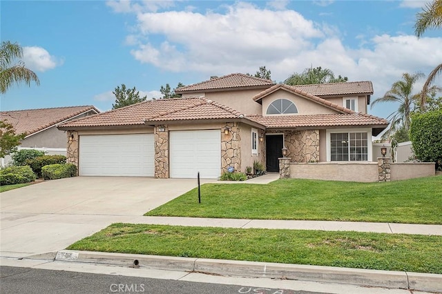701 Black Oak Cir, Corona, CA 92881 - view of front facade featuring a front yard, a garage, concrete driveway, stone siding, and stucco siding