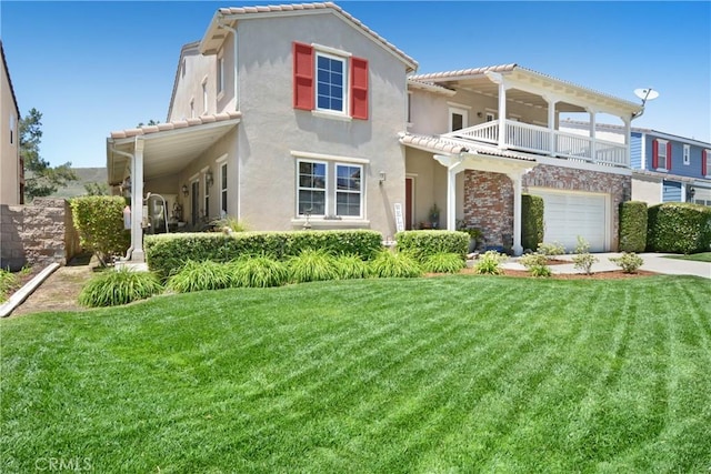 34440 Fawn Ridge Pl, Yucaipa, CA 92399 - view of front of property featuring stucco siding, a front lawn, a balcony, a garage, and driveway