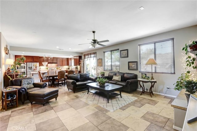 34440 Fawn Ridge Pl, Yucaipa, CA 92399 - living room with ceiling fan, baseboards, and recessed lighting