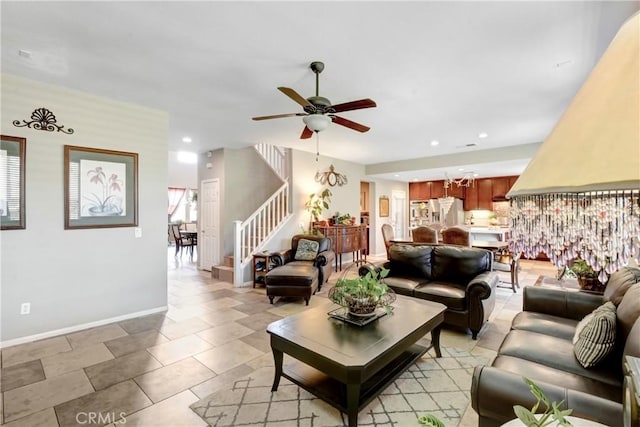 34440 Fawn Ridge Pl, Yucaipa, CA 92399 - living room featuring stairs, ceiling fan, recessed lighting, baseboards, and light tile patterned floors