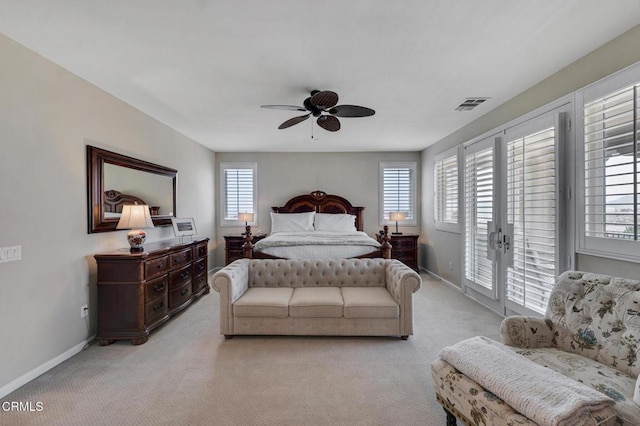 20752 Veneto Way, Porter Ranch, CA 91326 - bedroom with access to outside, light carpet, a ceiling fan, and french doors