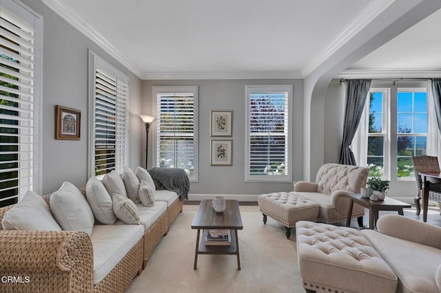 20752 Veneto Way, Porter Ranch, CA 91326 - living room with crown molding, plenty of natural light, and light wood finished floors