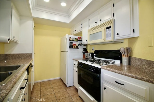 7312 Quill Dr Unit 13, Downey, CA 90242 - kitchen with white appliances, a raised ceiling, crown molding, white cabinetry, and recessed lighting