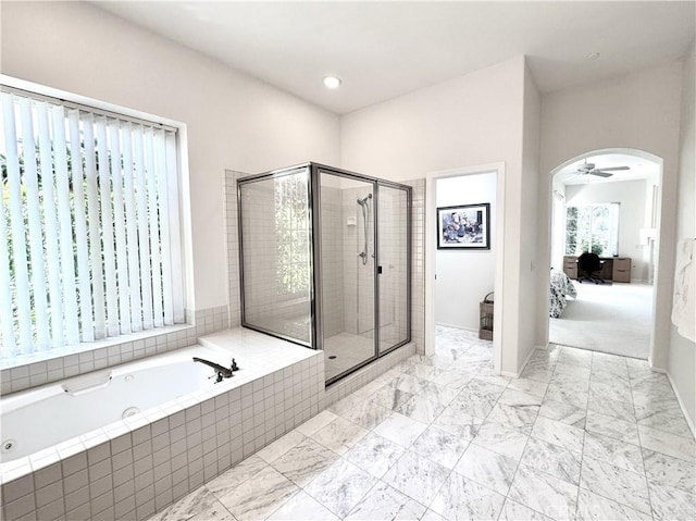 3025 Camino De Las Piedras, El Cajon, CA 92019 - ensuite bathroom featuring a jetted tub, a shower stall, a ceiling fan, and marble finish flooring
