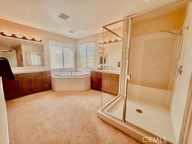 full bathroom with a bath, visible vents, a shower stall, two vanities, and a sink