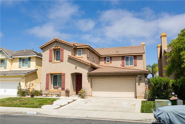 22939 Montanya Pl, Murrieta, CA 92562 - mediterranean / spanish-style house featuring stucco siding, concrete driveway, a tiled roof, and a garage