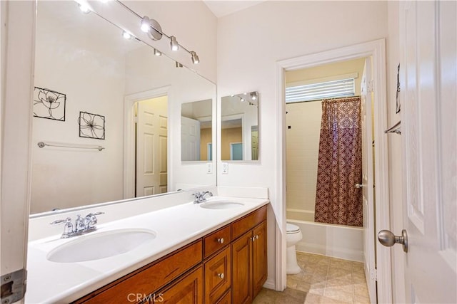 22939 Montanya Pl, Murrieta, CA 92562 - full bath with double vanity, toilet, shower / tub combo with curtain, and tile patterned flooring