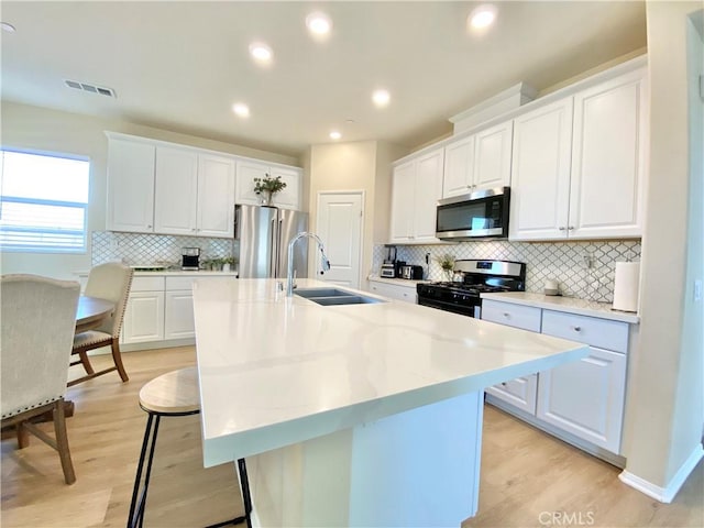 kitchen with appliances with stainless steel finishes, backsplash, a sink, white cabinetry, and visible vents