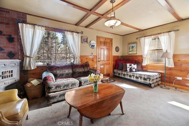 living area with wooden walls, a wainscoted wall, and carpet floors