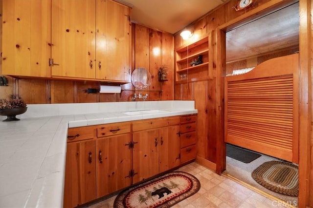 bathroom featuring a sink, wood walls, and tile patterned floors