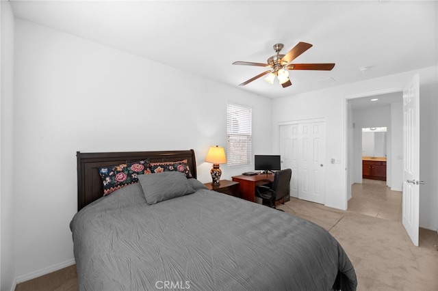 bedroom featuring ceiling fan, baseboards, a closet, carpet, and tile patterned flooring