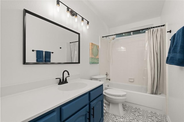 9334 Shamouti Dr, Riverside, CA 92508 - full bath with vanity, toilet, shower / bathtub combination with curtain, and tile patterned flooring