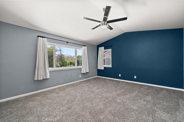 9334 Shamouti Dr, Riverside, CA 92508 - empty room featuring ceiling fan, carpet floors, lofted ceiling, and baseboards