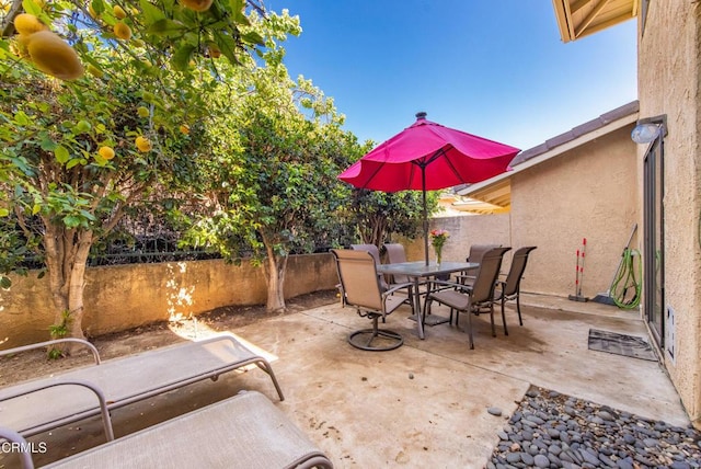 view of patio with outdoor dining area and a fenced backyard