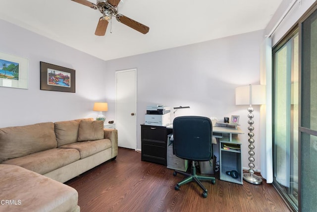 home office featuring wood finished floors and ceiling fan