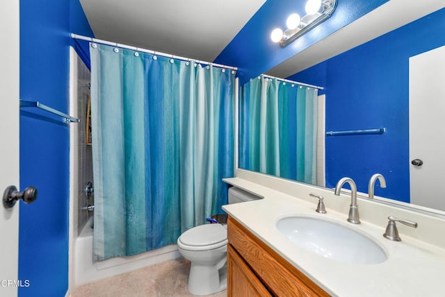 full bathroom with toilet, shower / bathtub combination with curtain, and vanity