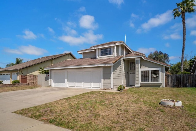 view of front facade with driveway, a tile roof, an attached garage, fence, and a front lawn