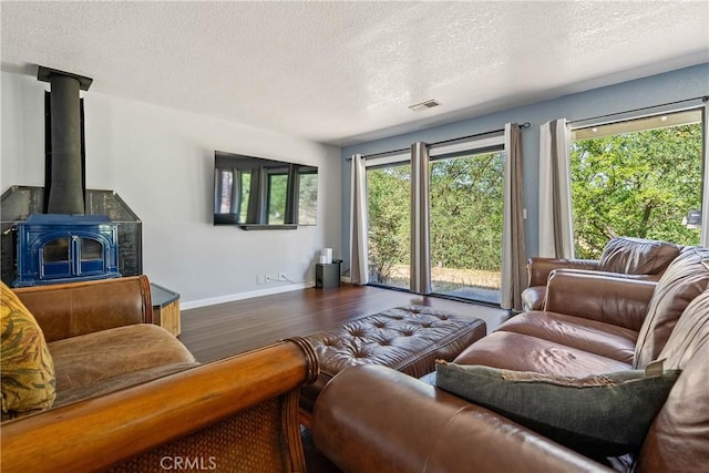 9553 Durango Rd, Atascadero, CA 93422 - living area featuring wood finished floors, baseboards, a textured ceiling, healthy amount of natural light, and a wood stove