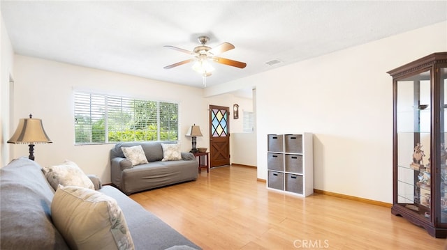 8737 Tilmont Ave, Pico Rivera, CA 90660 - living area featuring ceiling fan, visible vents, baseboards, and light wood finished floors
