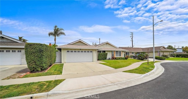 ranch-style house with an attached garage, a front lawn, board and batten siding, and driveway