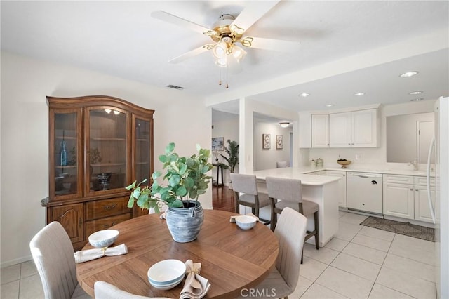 dining area with visible vents, a ceiling fan, light tile patterned floors, and recessed lighting