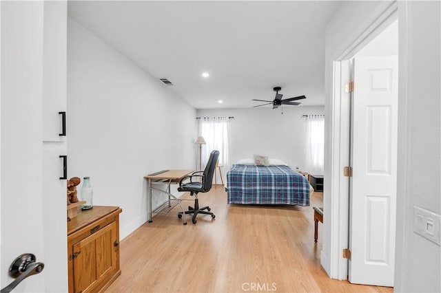 26414 Mehaffey St, Menifee, CA 92586 - bedroom featuring recessed lighting, light wood-style floors, a ceiling fan, visible vents, and baseboards