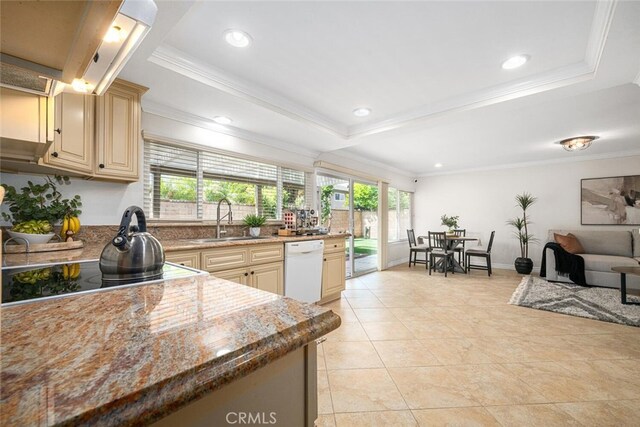 4200 Avenida Sevilla, Cypress, CA 90630 - kitchen with a sink, white dishwasher, under cabinet range hood, ornamental molding, and a tray ceiling