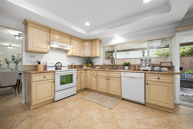 4200 Avenida Sevilla, Cypress, CA 90630 - kitchen with white appliances, under cabinet range hood, a sink, crown molding, and a raised ceiling
