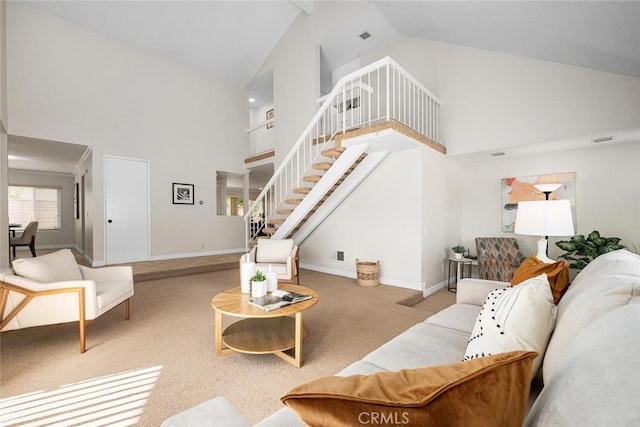 4200 Avenida Sevilla, Cypress, CA 90630 - carpeted living room with high vaulted ceiling, stairs, and baseboards
