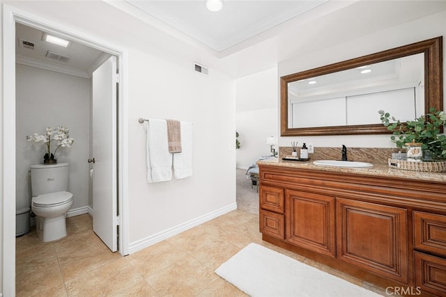 4200 Avenida Sevilla, Cypress, CA 90630 - bathroom featuring crown molding, vanity, toilet, baseboards, and tile patterned flooring