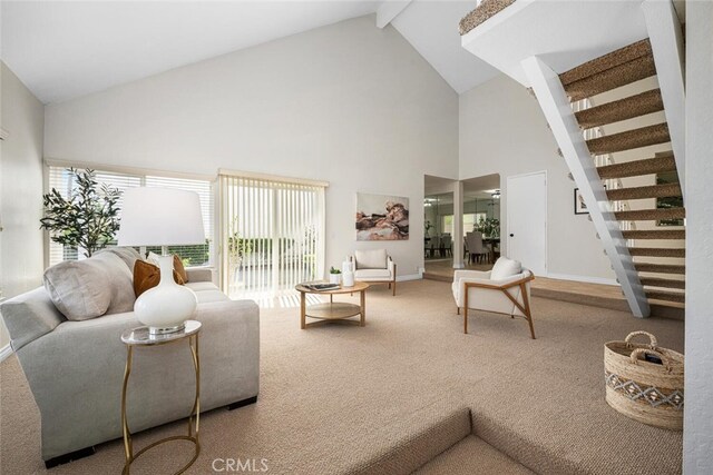 4200 Avenida Sevilla, Cypress, CA 90630 - living room with high vaulted ceiling, stairs, carpet floors, baseboards, and beamed ceiling