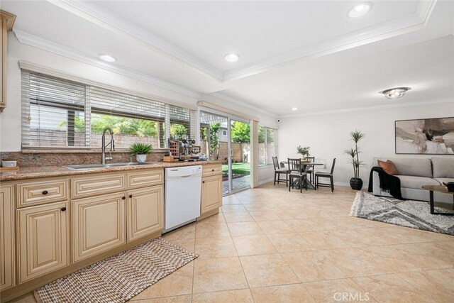 4200 Avenida Sevilla, Cypress, CA 90630 - kitchen with dishwasher, a sink, cream cabinets, ornamental molding, and light tile patterned flooring