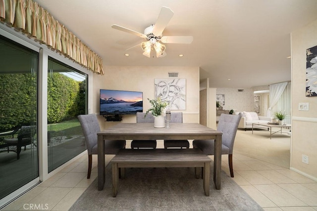 dining space with light tile patterned flooring, visible vents, a ceiling fan, and recessed lighting