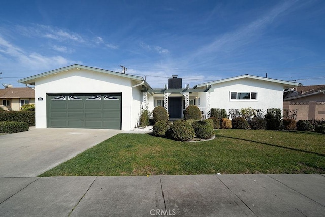 ranch-style house with a chimney, stucco siding, a front lawn, concrete driveway, and an attached garage