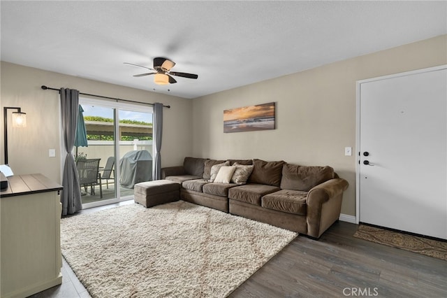 8990 19th St Unit 433, Rancho Cucamonga, CA 91701 - living room with a ceiling fan, baseboards, and dark wood-type flooring