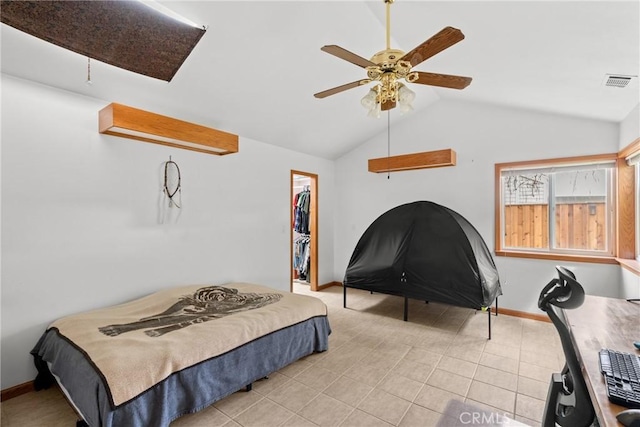 832 Onstott Rd, Lompoc, CA 93436 - bedroom with baseboards, visible vents, a ceiling fan, and vaulted ceiling