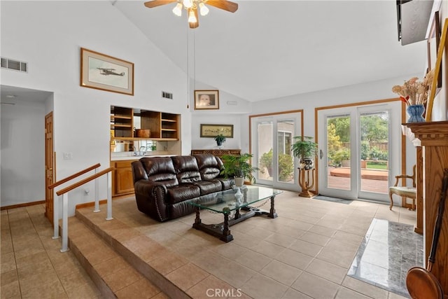 832 Onstott Rd, Lompoc, CA 93436 - living room with visible vents, light tile patterned floors, a ceiling fan, and high vaulted ceiling
