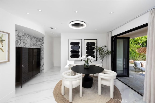 28 W La Sierra Dr, Arcadia, CA 91007 - dining space featuring recessed lighting, marble finish floor, and baseboards
