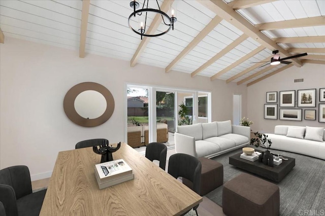living area with a chandelier, wooden ceiling, baseboards, and ceiling fan