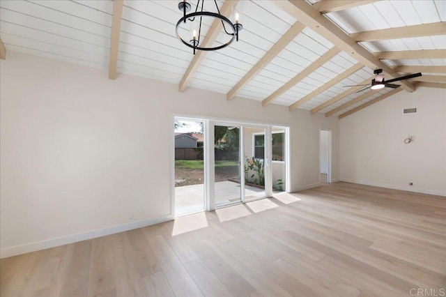 unfurnished living room featuring a chandelier, light wood-type flooring, baseboards, and wood ceiling